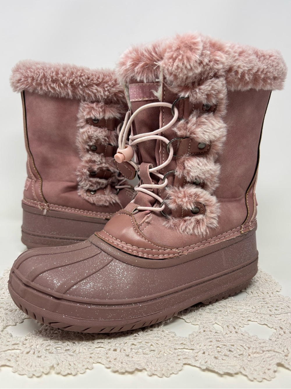 London Fog Duck Boots Barnet Mauve Pink Glittery Snow Faux Fur Bungee Lace Kid 4